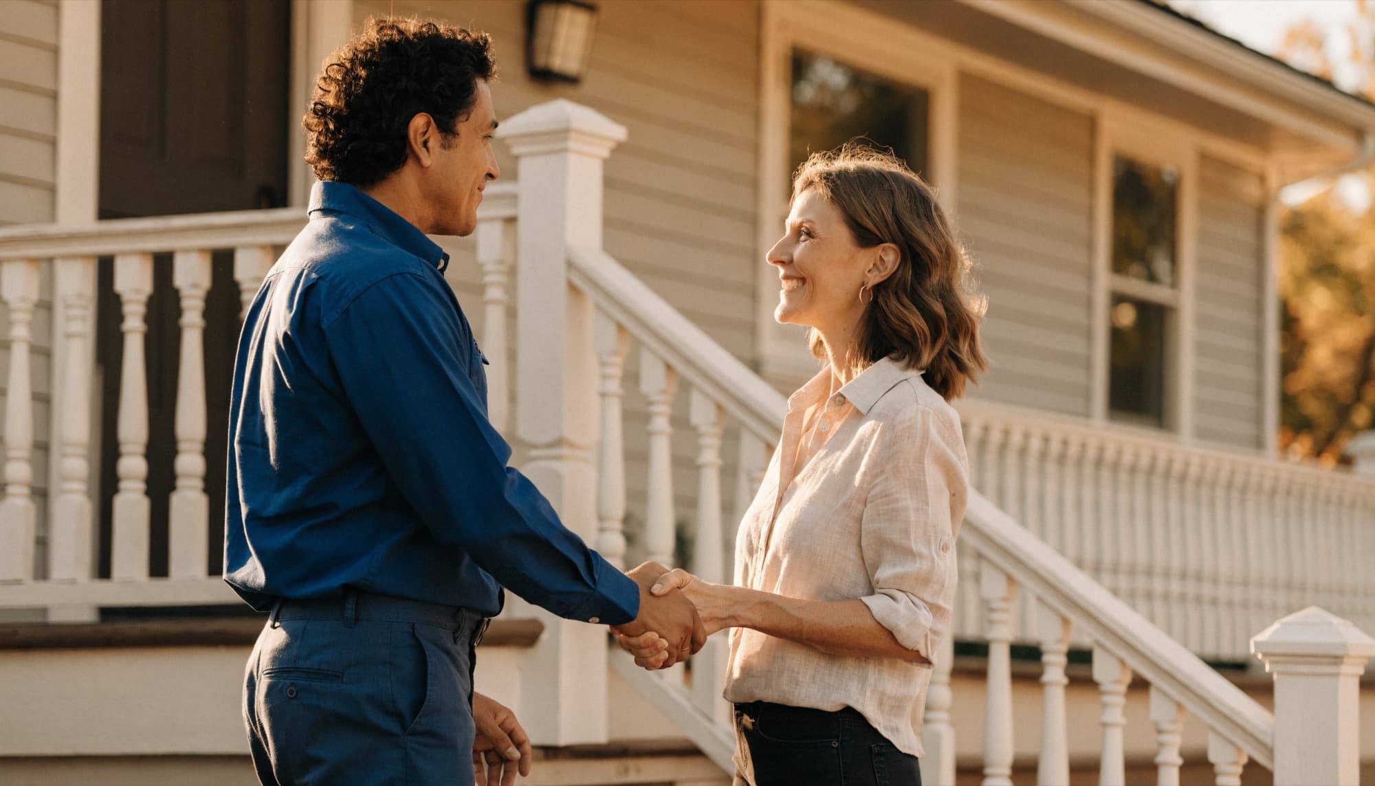 A service provider shaking hands with a homeowner on their front porch